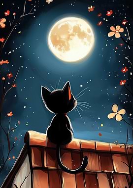 Black Cat Under Full Moon