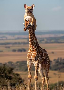 French Bulldog Riding Giraffe