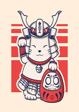 Samurai Cat with Daruma Doll