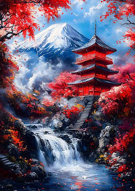 Japanese Pagoda & Waterfall