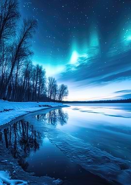Northern Lights Over Frozen Lake Landscape