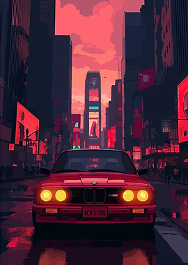 Red BMW in Cityscape