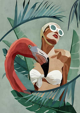 Flamingo & Woman in Tropical Paradise