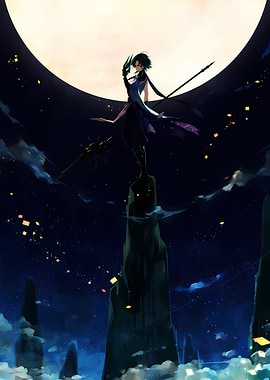 Anime Girl with Spear Under Moon