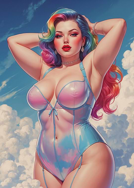 Rainbow Hair Pinup Iridescent Suit Cloud Background