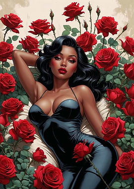 Black Pin-Up with Sexy Black Bodysuit in Red Roses