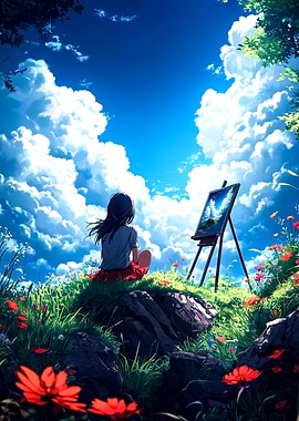 Anime Girl Painting Landscape