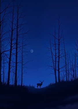 Mystical Moonlit Forest – Deer Silhouette Under the moonlight