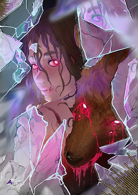 Woman and Wolf in Shattered Glass