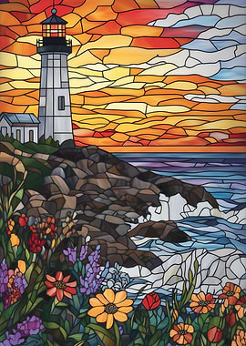 Stained Glass Lighthouse Sunset