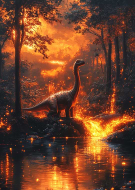 Dinosaur in Fire Forest