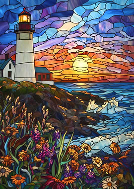 Stained Glass Lighthouse Sunset