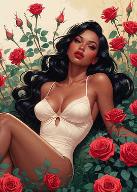 Black Pin-Up with Sexy Beige Bodysuit in Red Roses