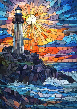 Stained Glass Lighthouse Sunset