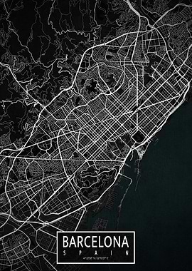 Barcelona City Map Spain Dark