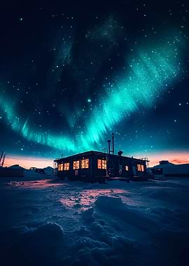 Cabin Under Aurora Borealis