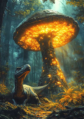 Dinosaur and Glowing Mushroom