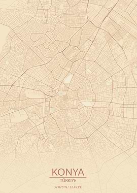 Konya Türkiye Vintage Style City Map