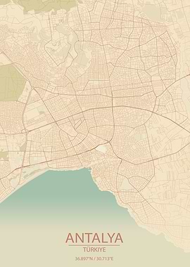 Antalya Türkiye Vintage Style City Map
