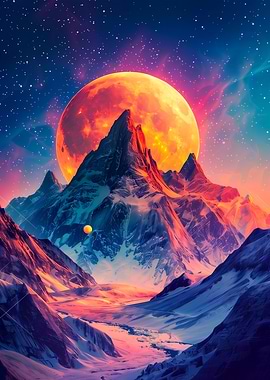 Mountainous Landscape with Giant Moon
