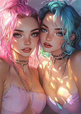 Two Girls with Pink and Blue Hair
