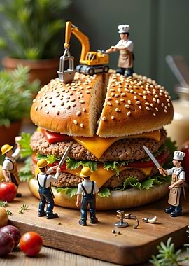 Miniature Workers Building a Burger