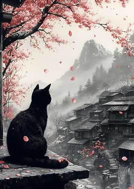 Black Cat in Japanese Village