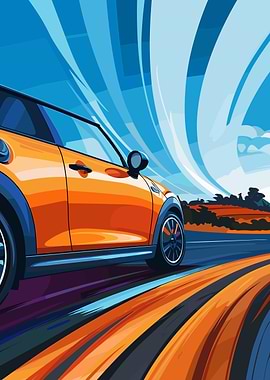 Orange Mini Cooper Speeding