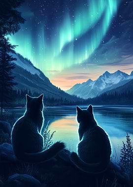 Cats Under Aurora Borealis Northern Lights