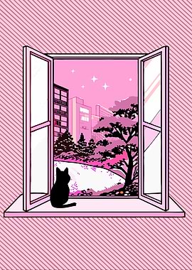 Dreamy Cat Window View – Aesthetic Pink Night Scene
