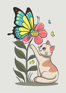 Cat, Flower and Butterfly