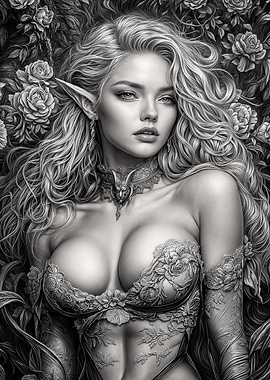 Elven Beauty Sorceress in Roses