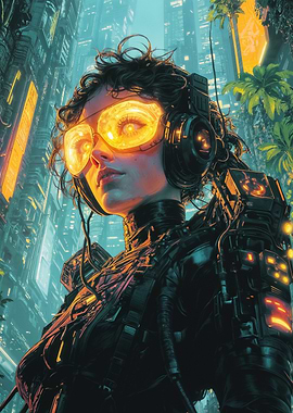 Cyberpunk Woman in Cityscape