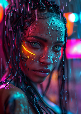 Cyberpunk Woman in Neon Rain