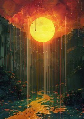 Surreal Dripping Sun Over Mystical Forest and River