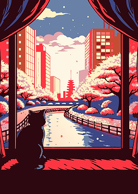 Golden Hour Reverie – Cat Watching a Sunset Cityscape