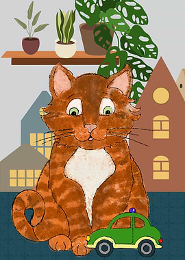 Orange Cat with Toy Car