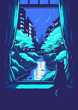 Midnight Serenity – Cat Gazing at a Dreamy Nightscape - cozy lo-fi