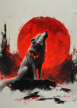 Wolf Howling at Red Moon