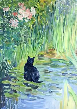 Black Cat by the Pond