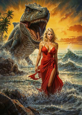 Beautiful Girl and Dinosaur on Beach