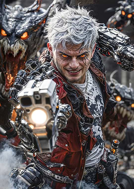 Cybernetic Demon Hunter with Fiery Eyes Aiming a High-Tech Gun