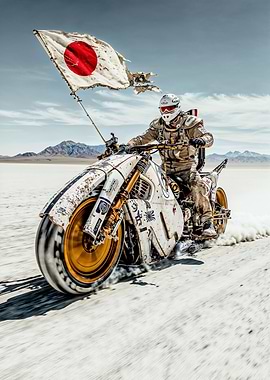 Post-Apocalyptic Biker in Desert Wasteland Carrying Japanese Banner