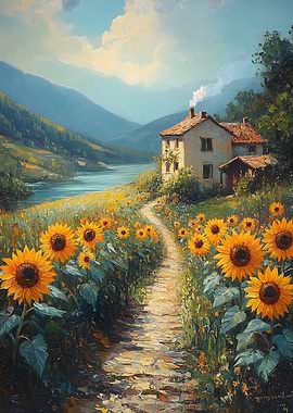 Sunflowers and Cottage