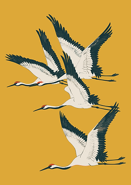 Flying Cranes on Golden Yellow poster,Japandi Decor, Boho Bird Art, Japanese Crane Wall Art, Wabi Sabi Wall Art