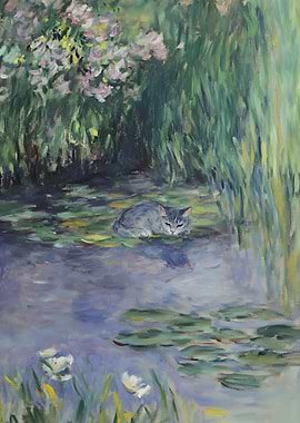 Cat in the Waterlilies Pond