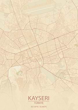 Kayseri Türkiye Vintage Style City Map
