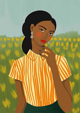 Boho art Woman in Striped Shirt