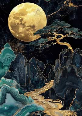 Golden Moon Mountain Landscape