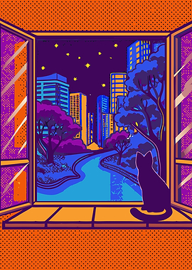 Night City Dreams – Cat Window View Pop Art
